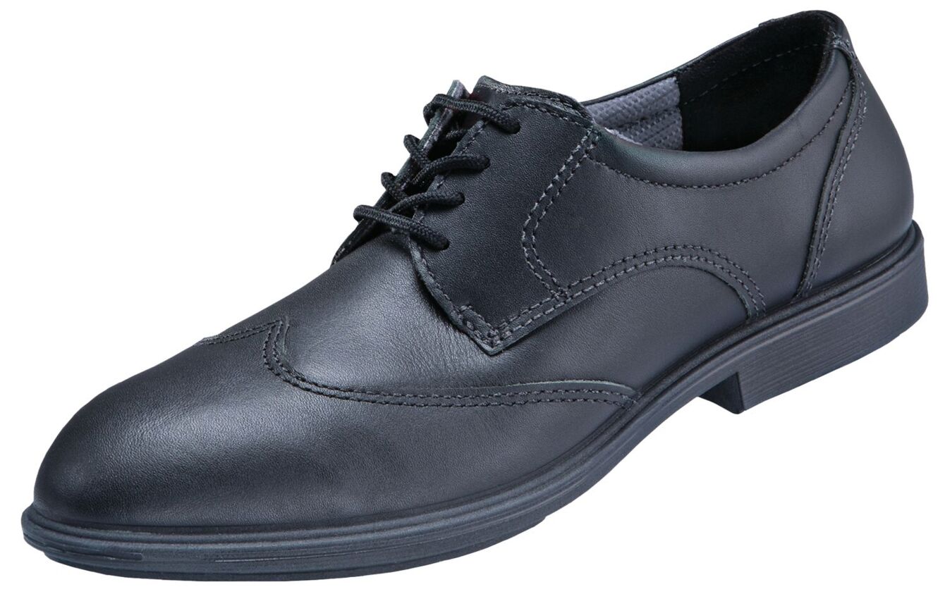 The image shows a classic, black leather-soled shoe with laces. The surface is smooth and shiny, with fine stitching and a moderate, flat heel.