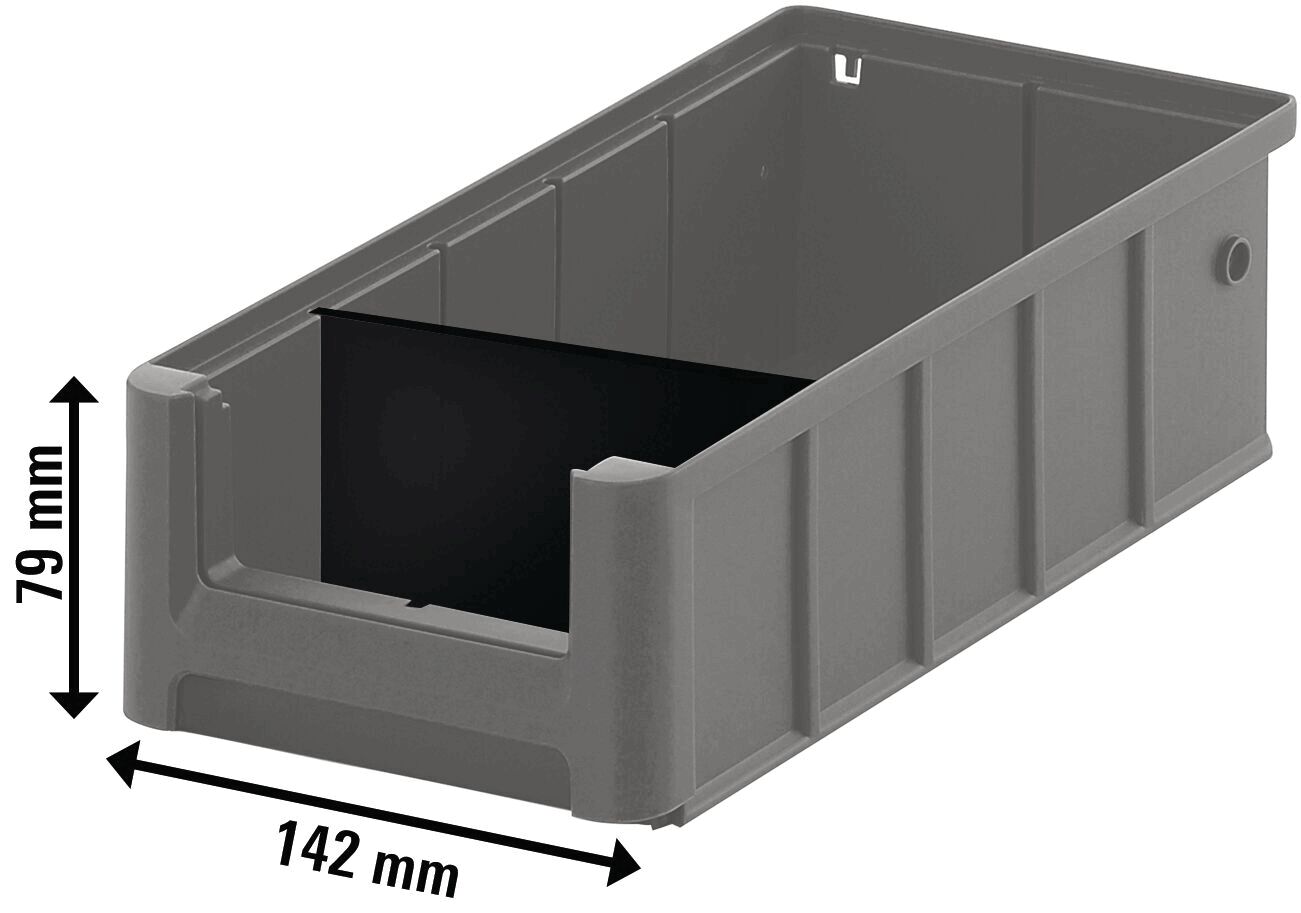 The image shows a rectangular, gray plastic container. It has an open top, a smooth interior, and a black insert. The dimensions are 142 mm long and 79 mm high.