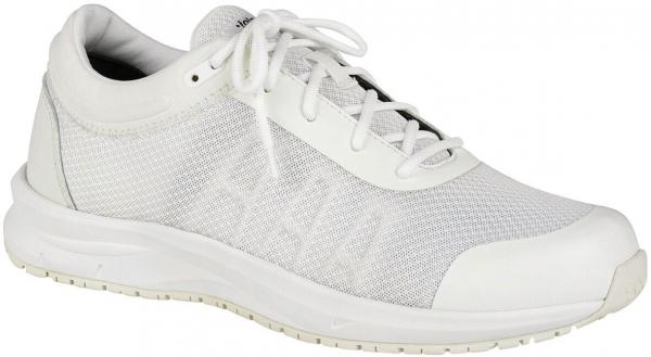 The shoe is a lightweight, classic sneaker in white with a breathable mesh upper. It has a flat, non-slip sole and laces for adjustment.