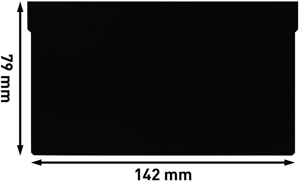 The image displays a black sheet of paper or a piece of cardboard measuring 142 mm in width and 79 mm in height. The edges are straight, and there is a slightly notched corner.