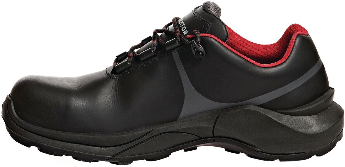 The shoe is black with red accents. It has a sturdy, non-slip sole and a padded interior for comfort. The lacing is functional and ensures a good fit.