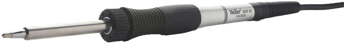 The image shows a soldering iron. It has a long, conical metal head and an ergonomic handle made of black plastic with a non-slip surface. A cable leads away from the handle.