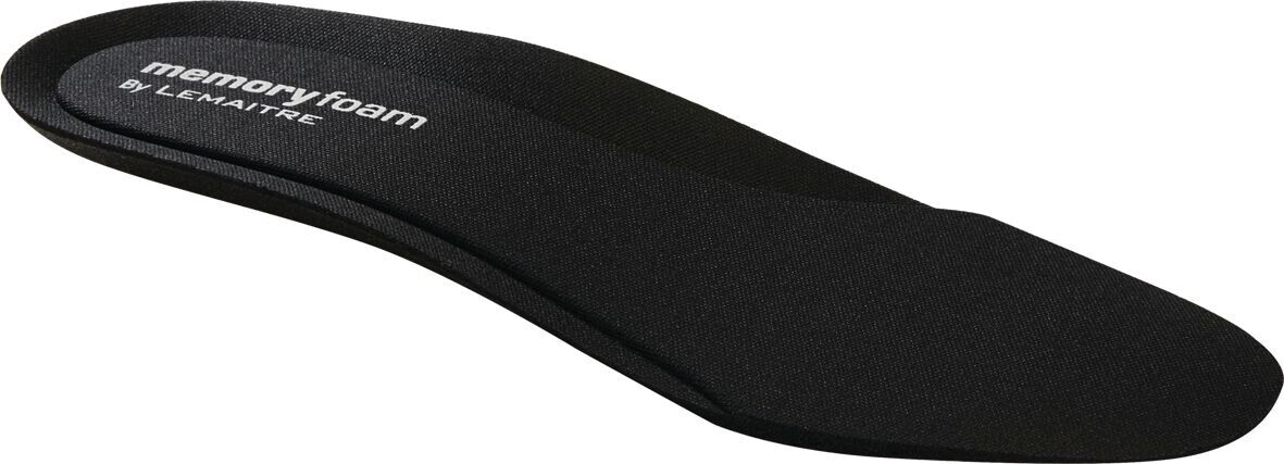 The image shows a black memory foam insole. It has a smooth surface, is slightly curved, and features white lettering that says "memory foam."