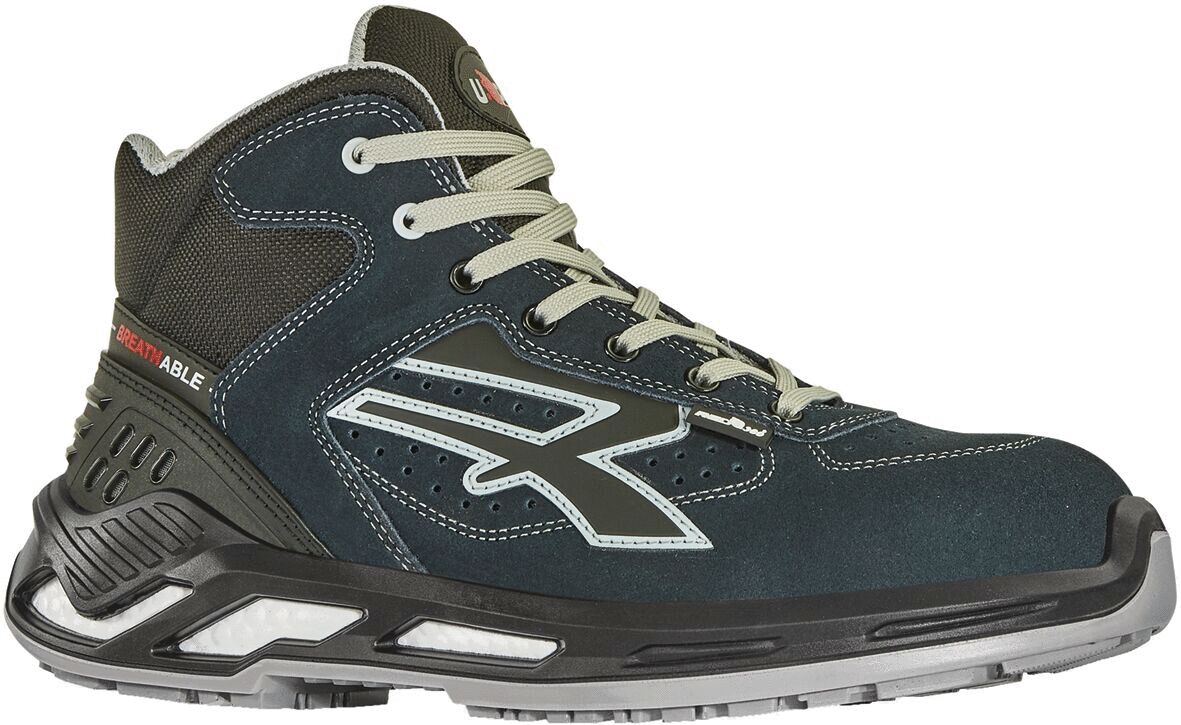 The shoe is a dark blue, high-cut sneaker with gray and white accents. It has a padded heel and a sturdy, non-slip sole. The laces are light gray.