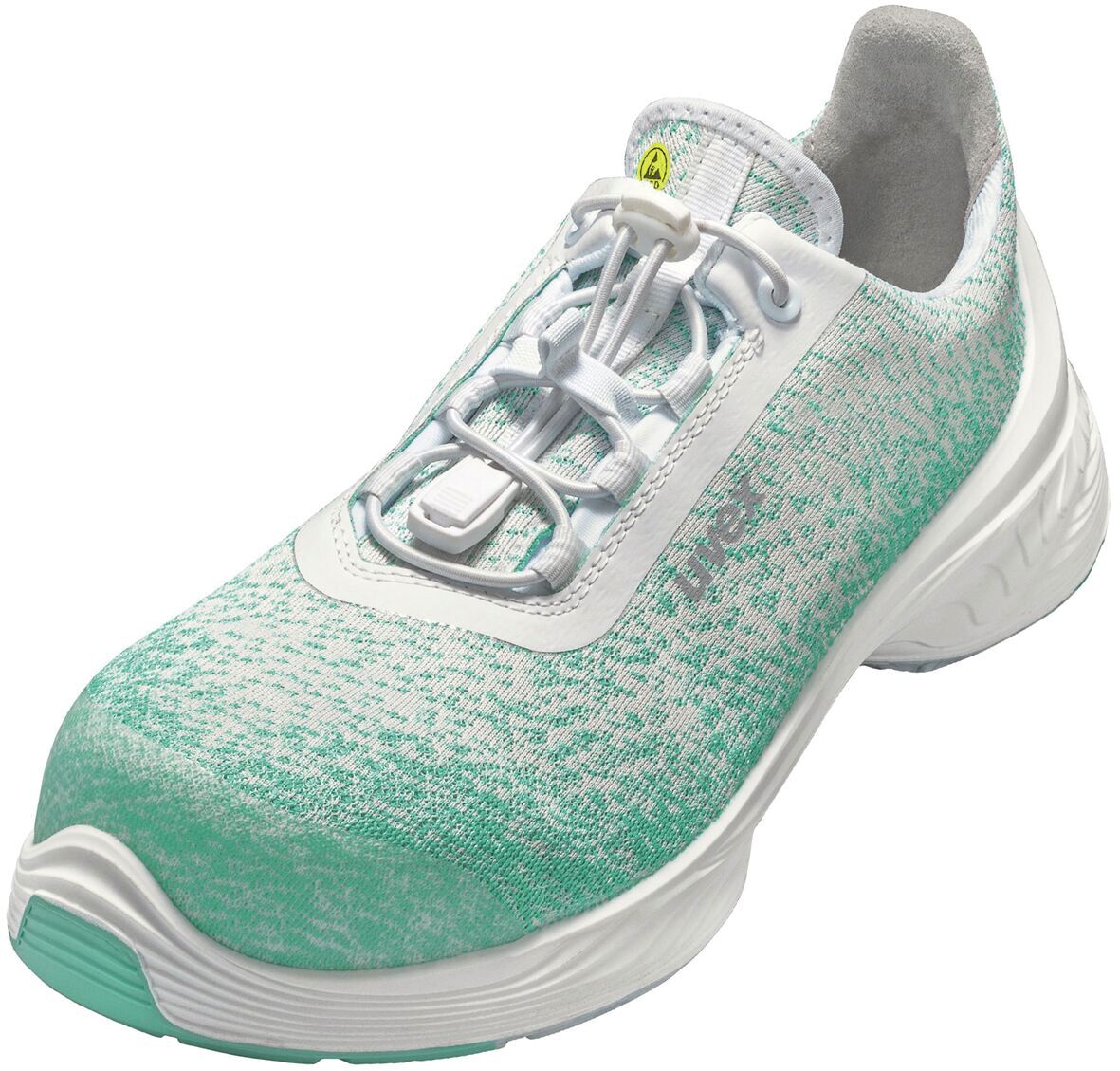 The shoe is a running shoe with a white and mint green, mottled surface. It has a flat sole, elastic laces, and a padded tongue for comfort.