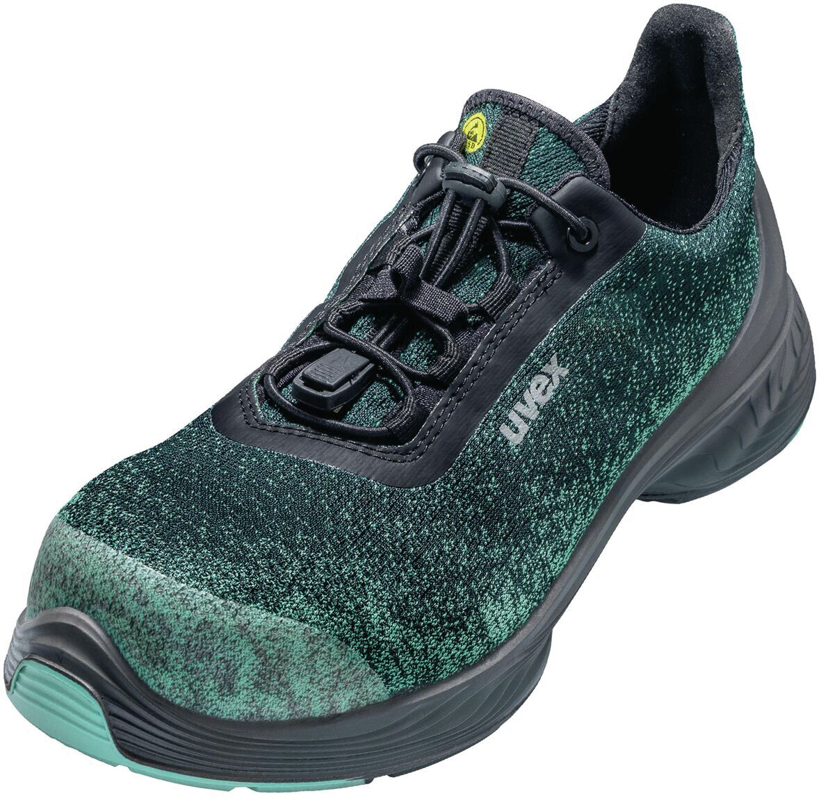 The shoe is a sporty, black sneaker with a green, textured upper. The sole is sturdy, with a non-slip tread. It has elastic laces and a comfortable fit.