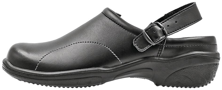 Das Bild zeigt einen schwarzen Clog-Schuh aus Leder. Er hat eine geschlossene Vorderseite, einen offenen Heel und einen verstellbaren Riemen. Die Sohle ist dick und rutschfest.