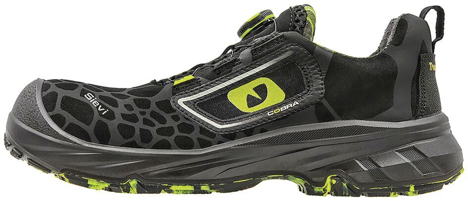 The shoe is a lightweight, black sports or trail shoe with striking green and yellow accents. The sole is stable and slip-resistant, ideal for active outdoor use.