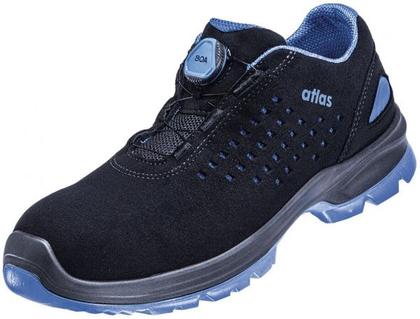 The shoe is black with blue accents. It has a light, flexible sole and a quick-tightening closure system. The surface is partially perforated for breathability.