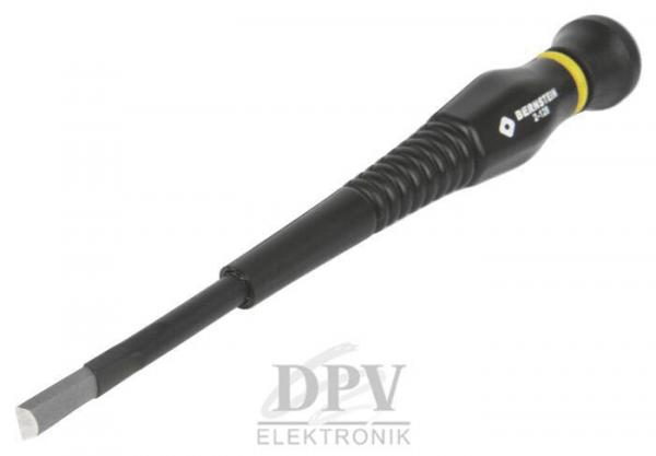 The image shows a screwdriver with a black, ergonomic handle and a yellow decoration. The blade is flat and narrow, ideal for screwheads.