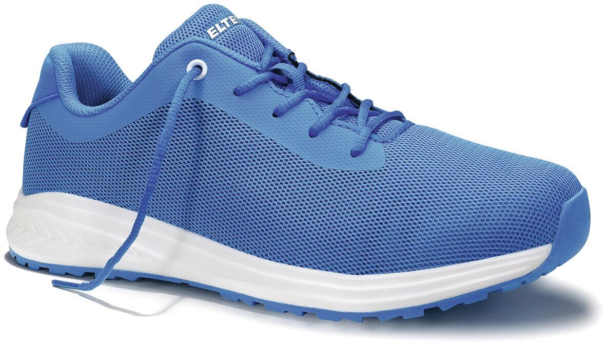 The shoe is sporty and sleek, predominantly in bold blue with a breezy mesh material. The sole is white with a blue underside. It has laces and a modernly designed shape.