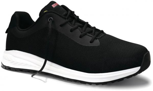 The shoe is a black athletic shoe with a breathable fabric upper and a white sole. The laces are black, and there is a grippy rubber sole.