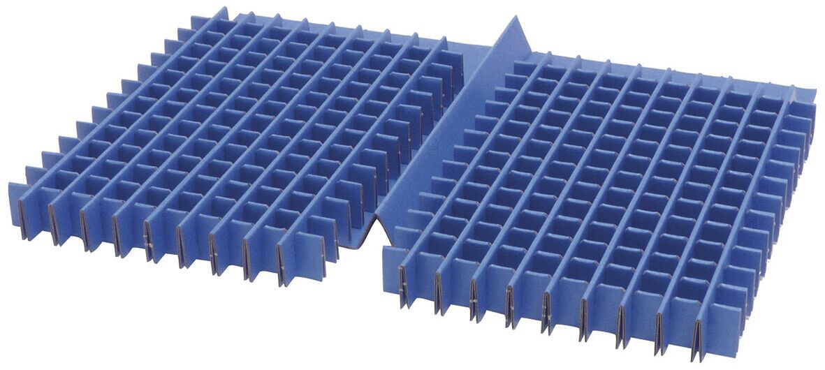 The image shows two assembled, rectangular plastic plates in blue. Each plate has a pattern of small square indentations arranged like a grid.