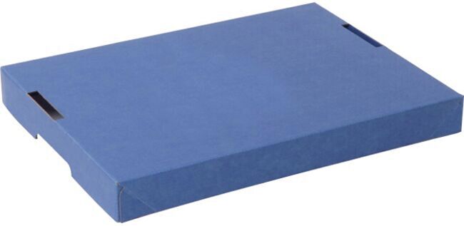 The image shows a rectangular, flat, blue cardboard box. It has smooth edges on the sides and an opening for removing contents.