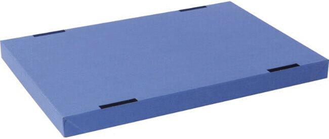 The image shows a rectangular, blue mat. It has rounded corners and is thickly padded. Black loops or inserts can be seen at the edges.