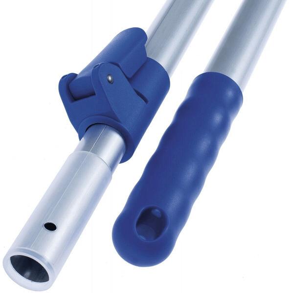 The image displays a telescopic stick. It is made up of several silver tubes that are adjustable in length. The handle is blue and features a round cutout.