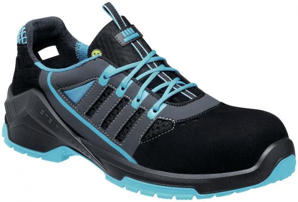 The shoe is a safety shoe with a black surface and blue accents. It has a sturdy sole, laces, and reinforced toe protection for secure fit and protection.