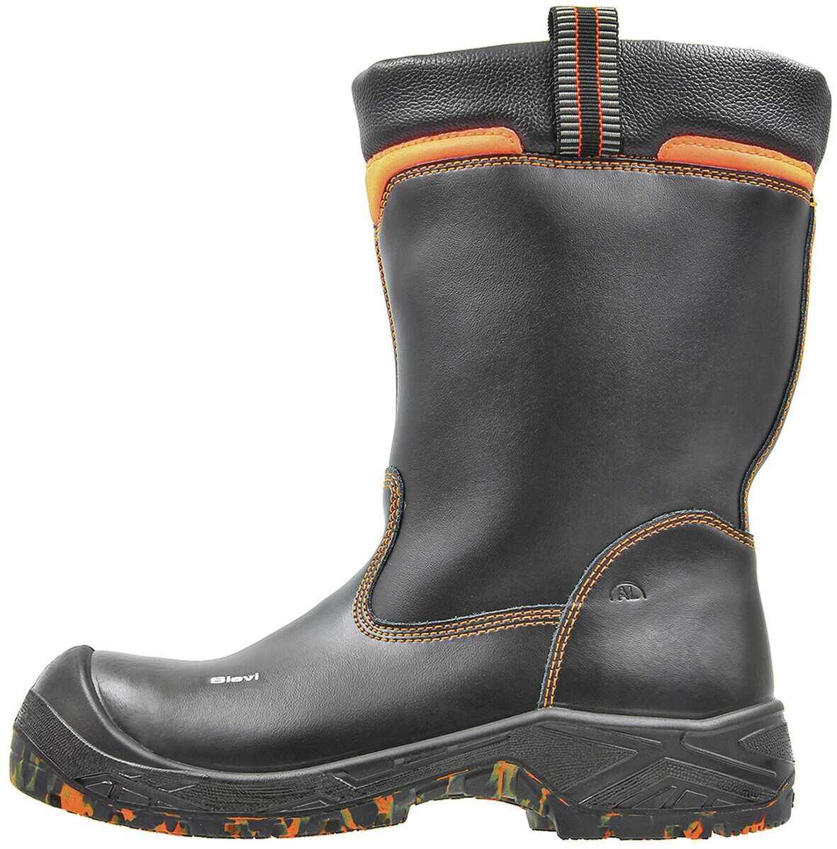 The image shows a black boot with orange accents. It has a tall, sturdy shape, a grippy sole, and is suitable for adverse conditions.