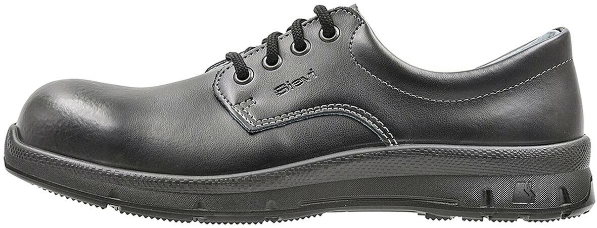 The shoe is a black, classic lace-up made of leather. It has a smooth, shiny surface and a sturdy rubber sole with a grippy tread. The laces are threaded through eyelets.