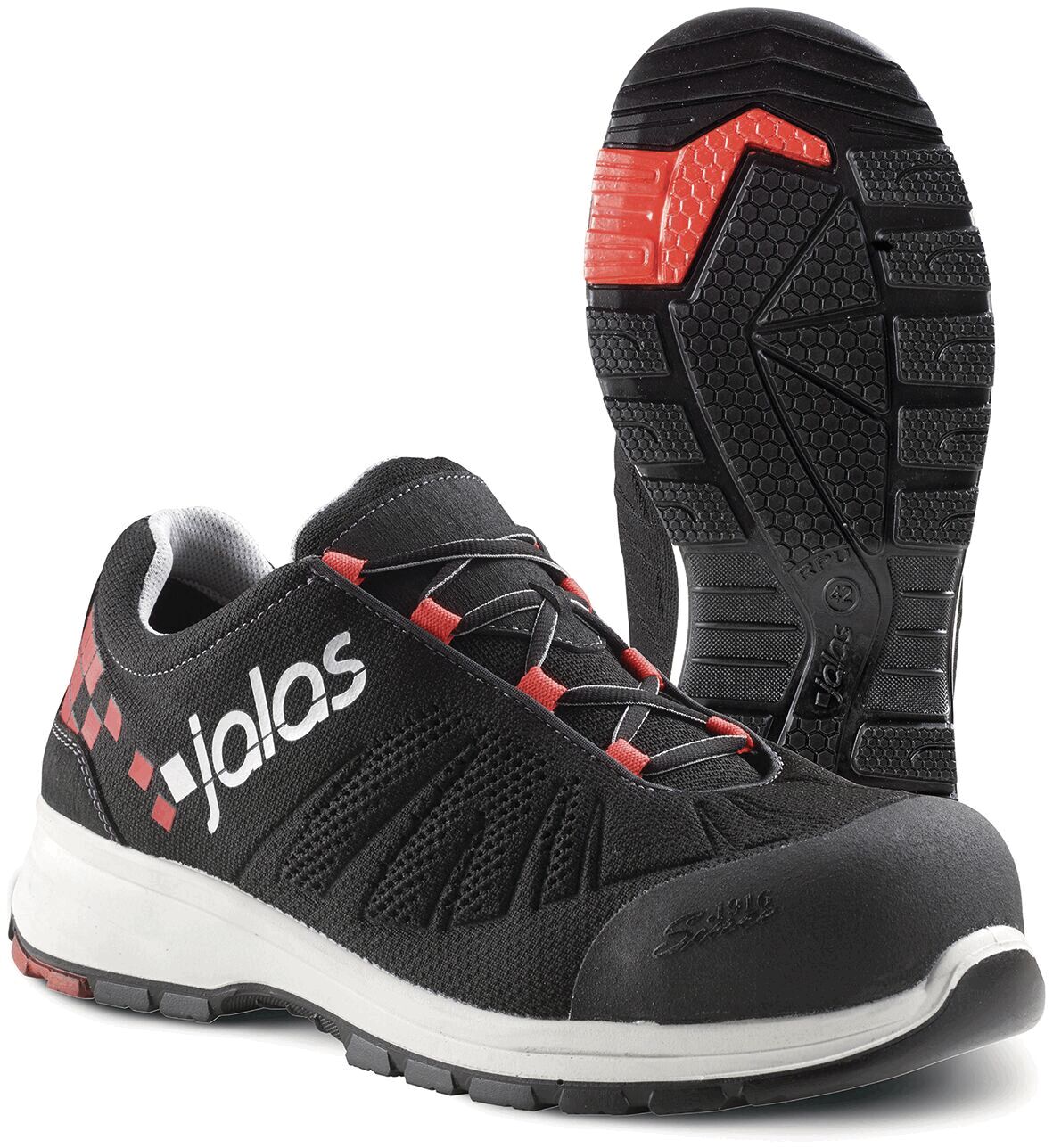 The shoe is black with red accents. It has a modern design, a padded sole, and a grippy rubber sole. The front area is reinforced for added protection.