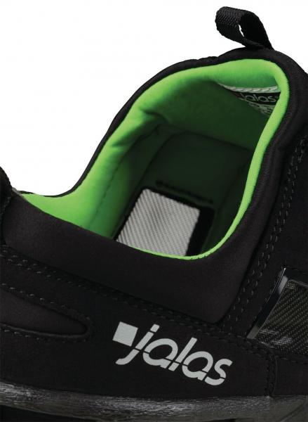 The image shows the upper part of a black shoe with a green interior. The "jalas" logo is depicted on the side of the shoe. The shoe appears sporty and functional.