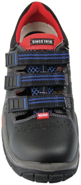 The shoe is black with red and blue accents. It has a sturdy sole and triple Velcro straps that offer easy adjustment. Ideal for outdoor activities.