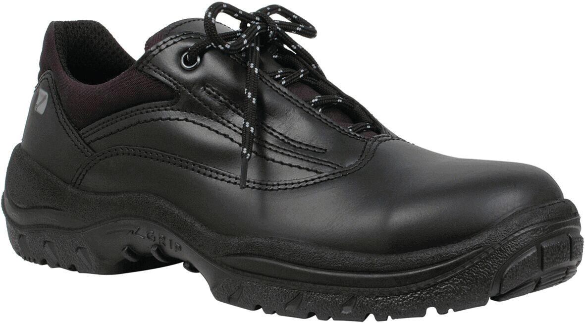 Black, oxford-style safety shoe with non-slip sole. It has a smooth surface, laces, and a sturdy front for good grip and protection.