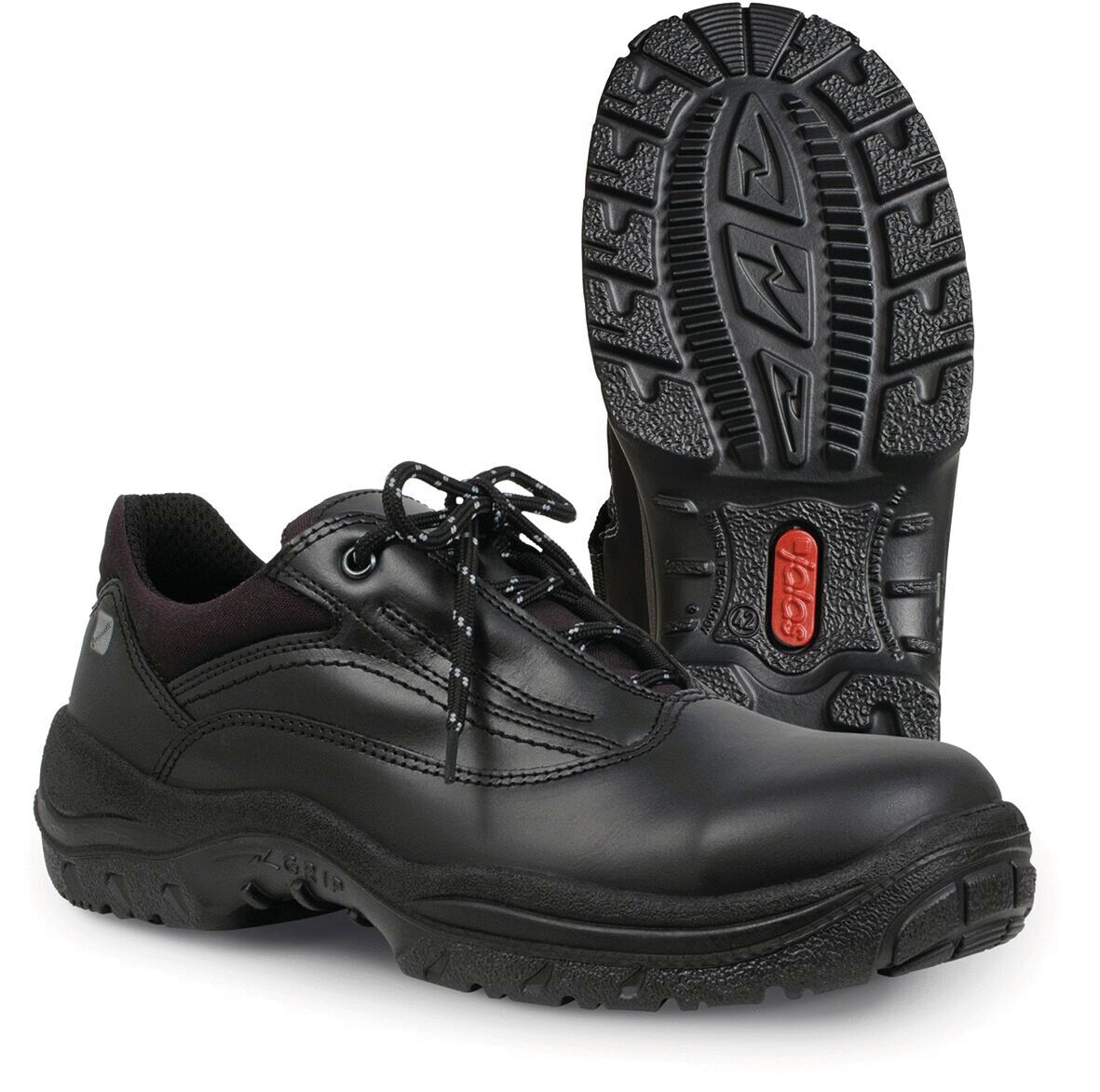 The image shows a pair of black, lace-up shoes with a sturdy, rubberized sole. The shoes have a sporty shape and are made from smooth, easy-care material.