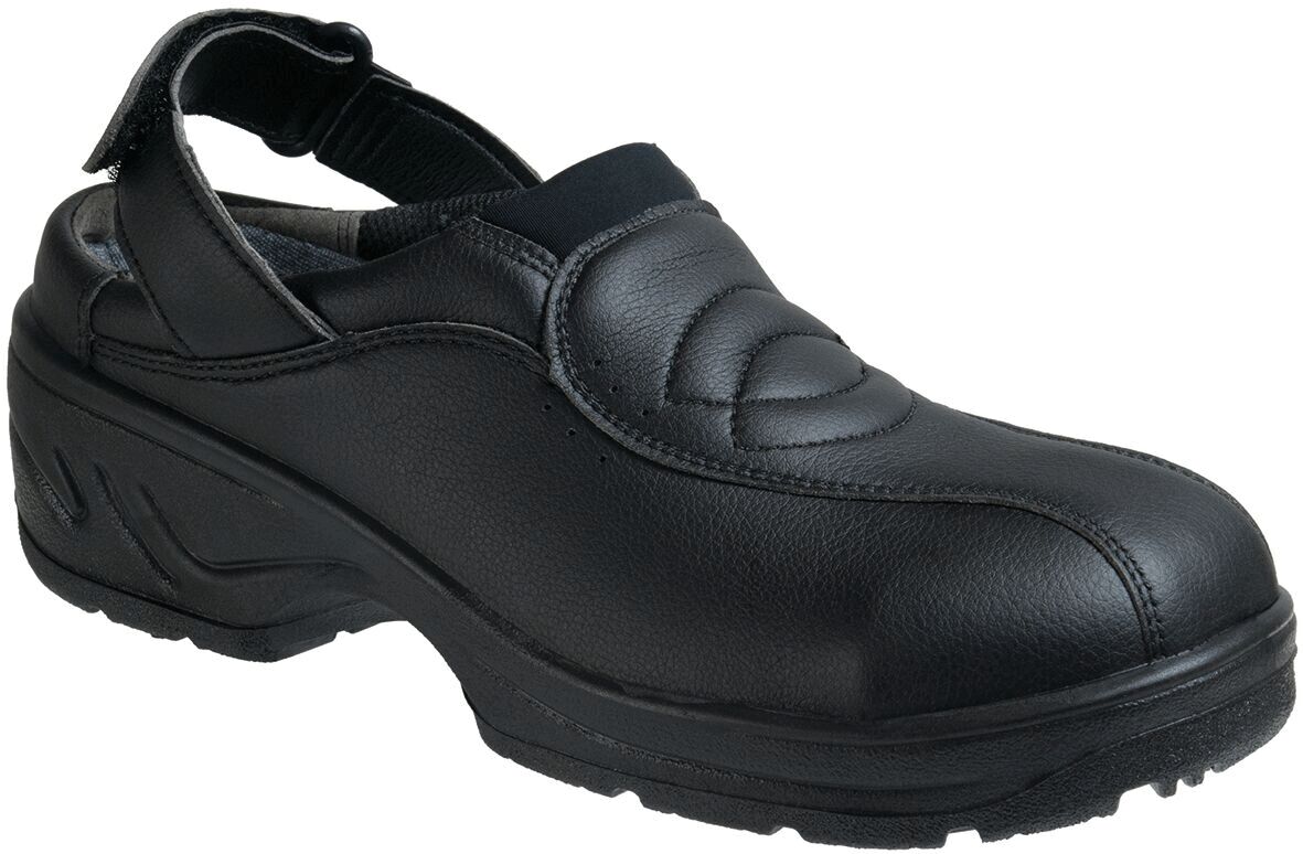 Der Schuh ist schwarz, aus Leder und hat keine Zunge. Er hat einen offenen Fersenbereich mit einem elastischen Riemen und eine leicht profilierte Sohle für guten Halt.