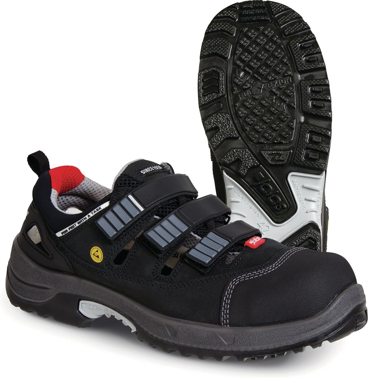 The image shows a black safety shoe with a sturdy upper, three wide Velcro straps, and a grippy, non-slip sole. The heel is softly padded.