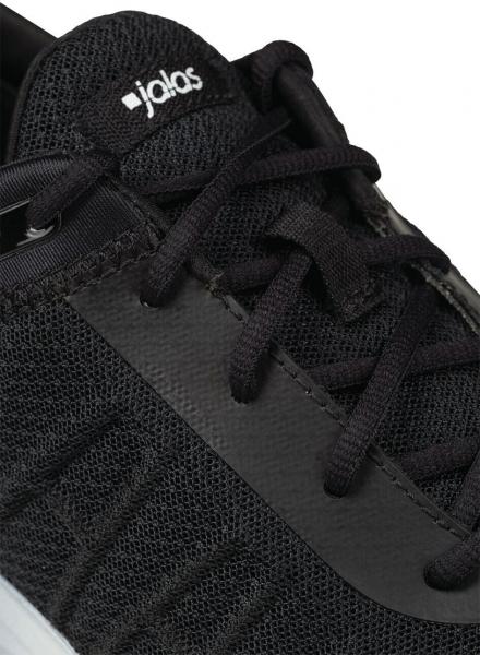 The image shows a black sports shoe with swirling laces. The surface is made of breathable material, and a small brand logo is visible.