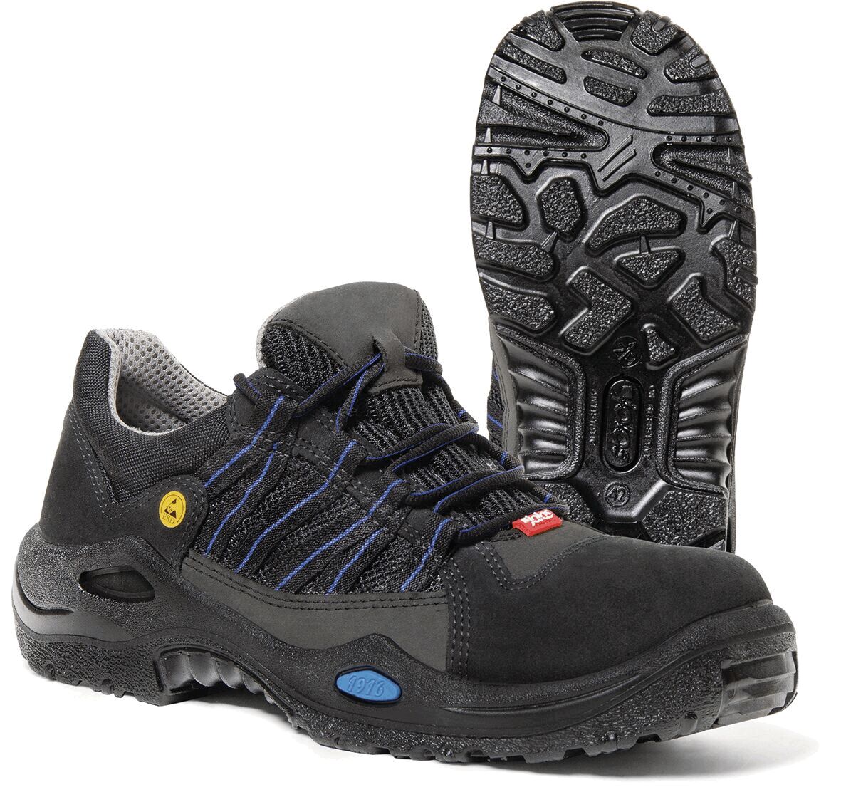 The image shows a black work shoe with a textured rubber sole. The shoe has a sporty design, gray and blue accents, and a breathable upper.