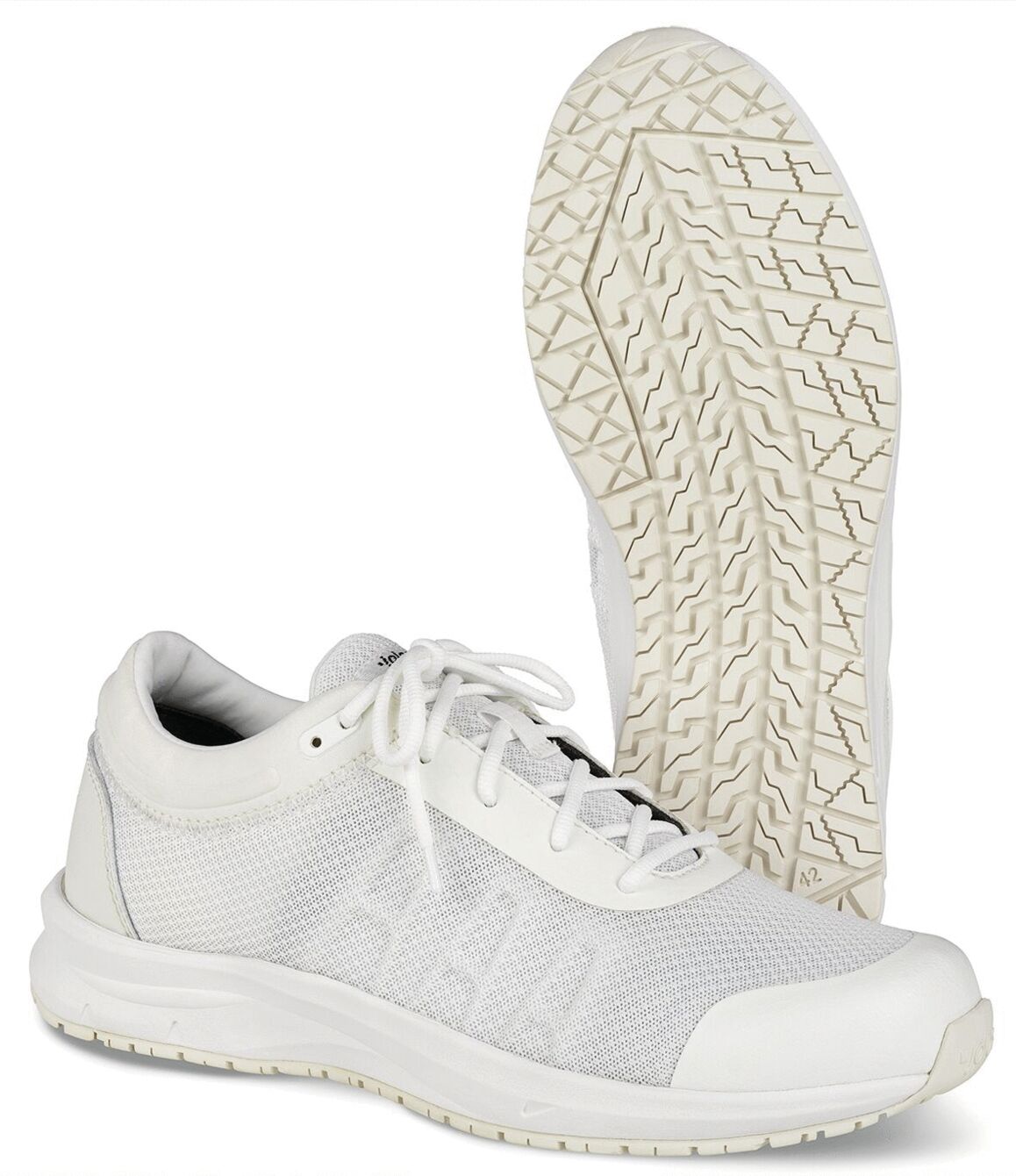 In the picture, there is a sporty, white shoe visible. The shoe features a breathable mesh upper and a light grey rubber sole with a non-slip tread.