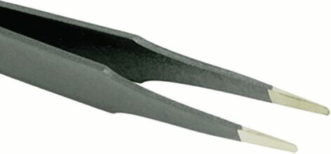 The image shows a black tweezer with narrow, pointed metal gripping surfaces. The tweezer is slender and has an elongated shape that tapers at both ends.