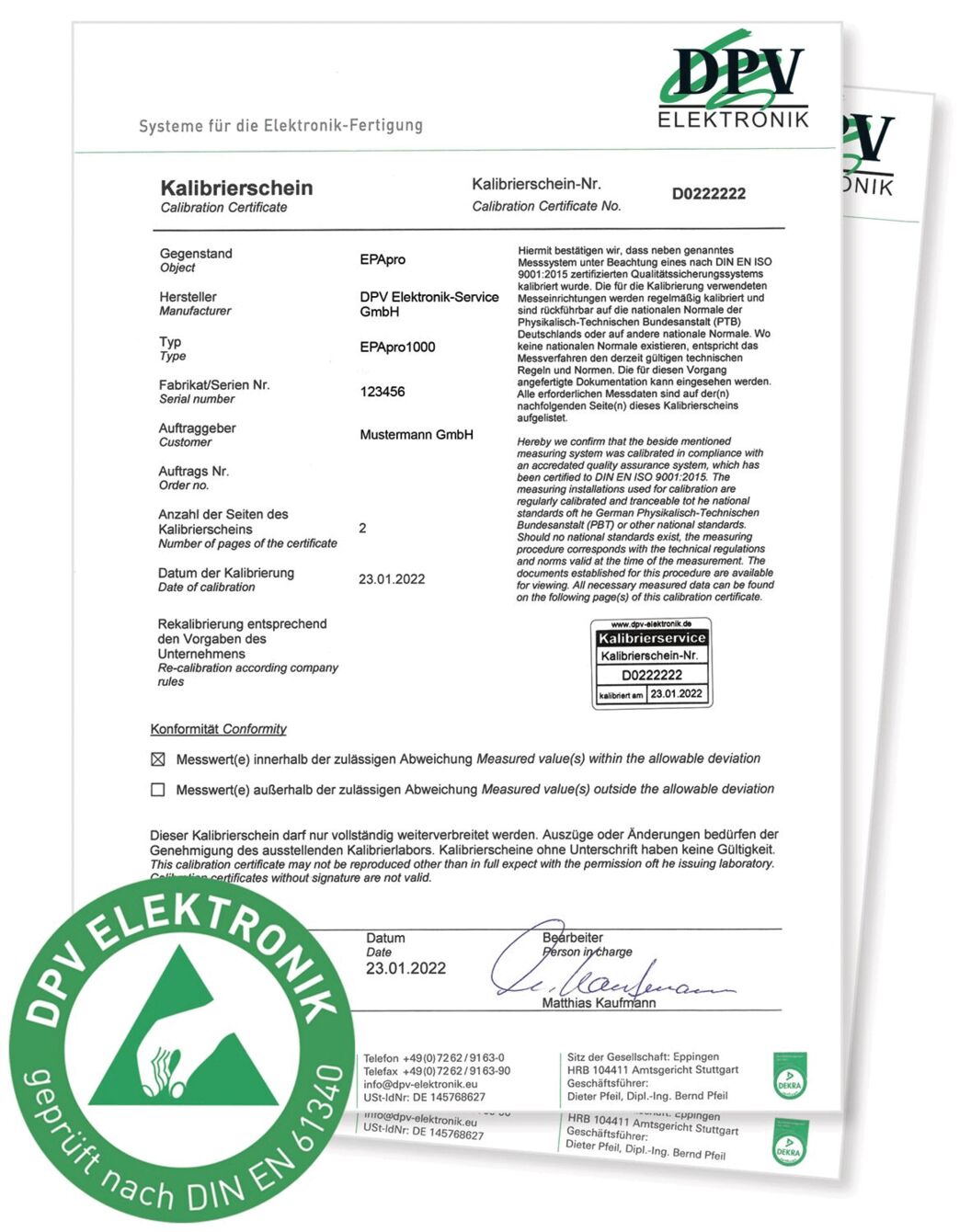 The image shows a calibration certificate. On a white background, there are details about devices, calibration data, and a green logo. At the top is the title "Calibration Certificate".