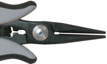 The image shows the tip of a pair of pliers with narrow, pointed jaws. It has a gray plastic handle and a black body. In the center, there is a screw for adjustment.