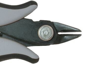 The image shows the tip of a pair of pliers with two curved handles. The tip of the pliers is pointed and slightly open, with a round screw in the middle. The colors are primarily black and gray.