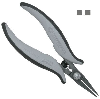 The image shows a high-quality pair of pliers with gray rubber grips that are comfortable to hold. The tips are narrow and suitable for precise work.