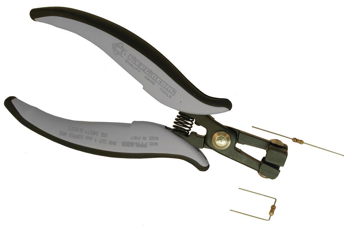 The image shows a pair of pliers with gray rubber handles and a black metal head. Next to the pliers are two thin, wire-like parts. The pliers have a spring-loaded opening and precise tips.