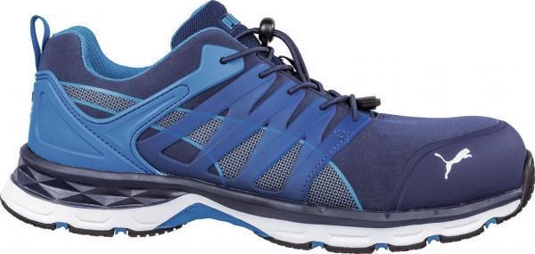 The shoe is a low, sporty running shoe in blue and gray tones, with breathable upper, reinforced sides, and a grippy, white sole. It offers good support and comfort.