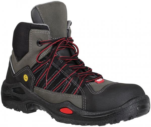 The shoe is a sturdy, black work shoe with gray and red accents. It has a high shape, laces, and a non-slip sole for better grip.