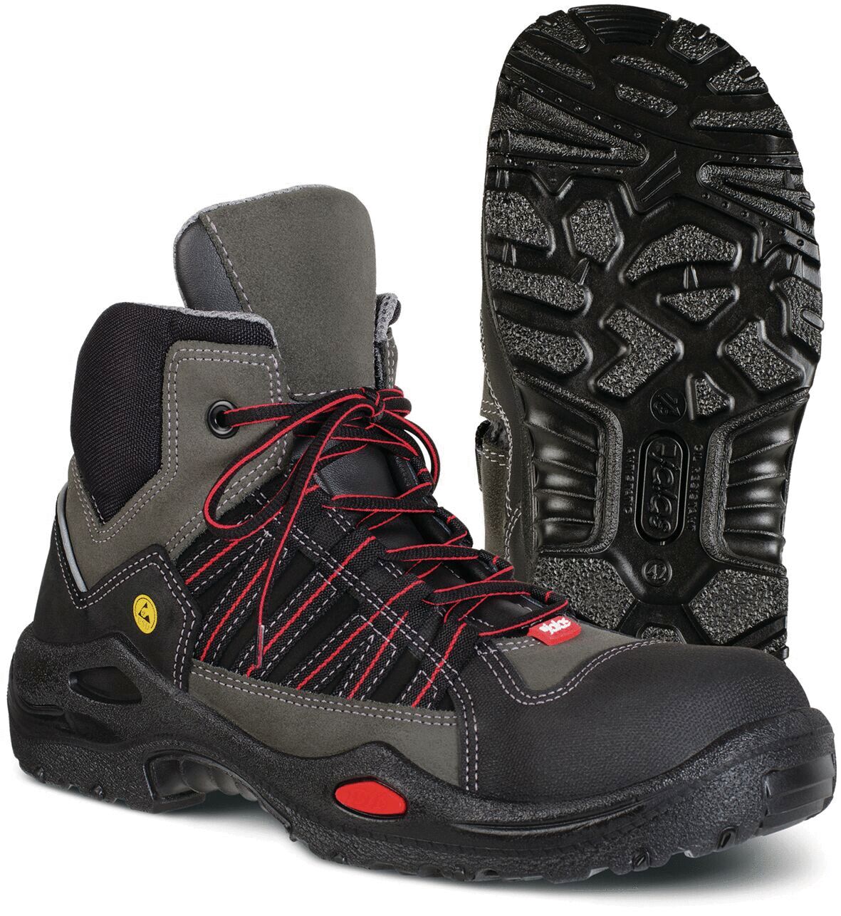 The image shows a gray half-boot with black and red design. The sole has a coarse tread for better grip. It appears sturdy and is well suited for outdoor activities.