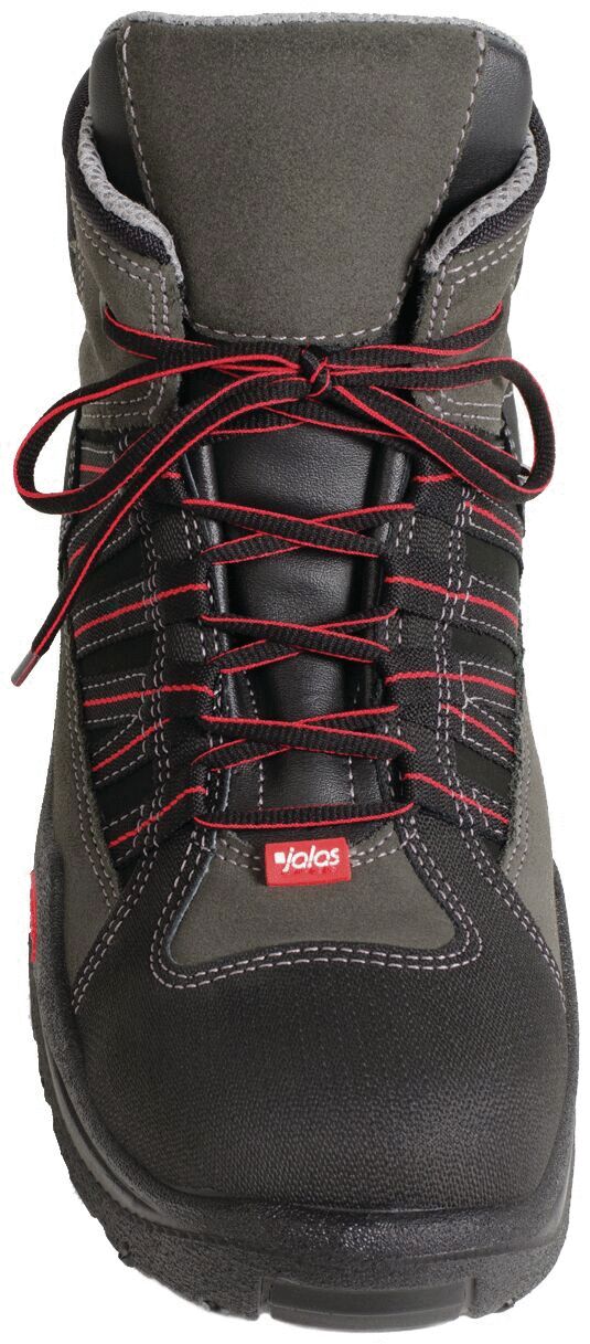 The shoe is a tall, sturdy model in black and gray, with red threaded laces. It features a padded collar and a grippy sole, suitable for outdoor activities.