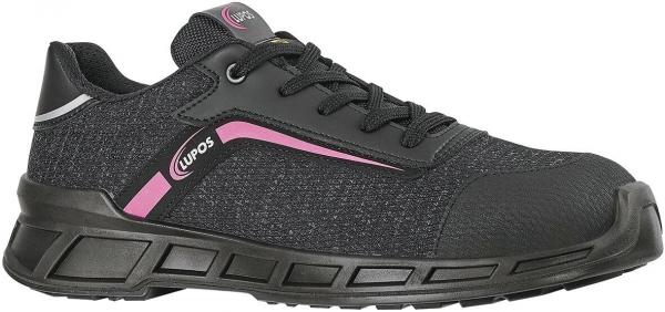 It is a black sports shoe with a textured surface. It has a pink line and a thick, black sole for good grip and cushioning. The toe is reinforced.