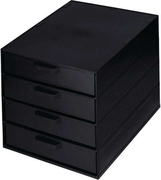 The image shows a square, black dresser with four equally sized drawers. Each drawer has a simple handle, and the surface is smooth and flat.