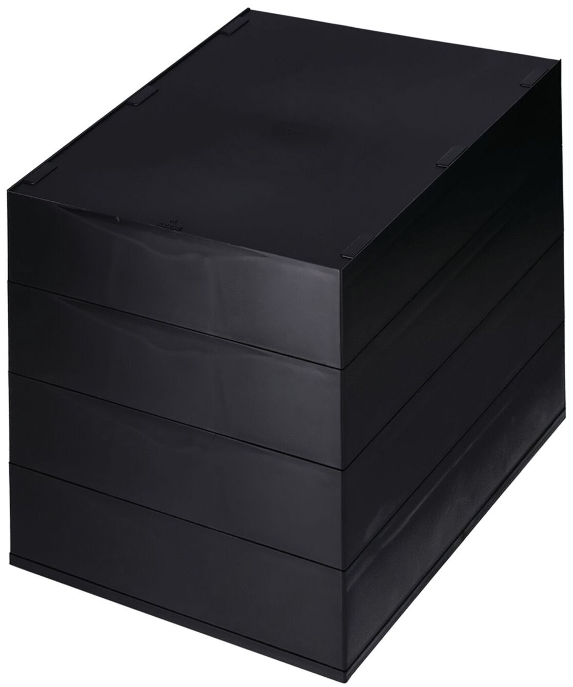 The image shows a black, square box made up of several stacked layers. The surface is smooth and shiny, with rounded corners.