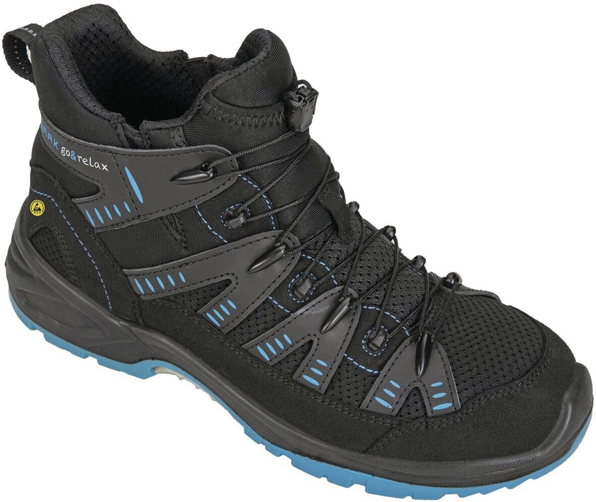 The shoe is a black, ankle-high hiking boot with blue accents. It features a breathable upper, laces, and a grippy sole, ideal for uneven terrain.