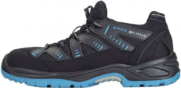 The shoe is a low, sporty half-shoe. It is predominantly black with blue accents. The surface is made of a dense material. It has a non-slip sole.