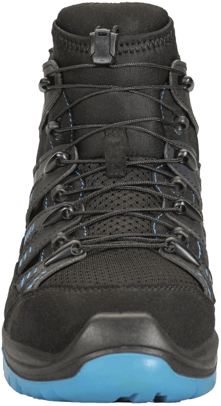 The image shows a tall, black hiking boot. It features a textured upper with blue accents, secured laces, and a sturdy, treaded sole in blue.