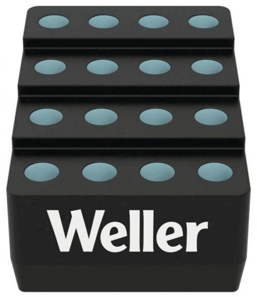 The image shows a black holder with three tiered levels. On each level, there are several round, slightly raised depressions in turquoise. The inscription "Weller" is in white on the front.